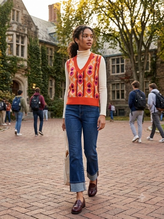 Maeve Sweaters - Maeve Bright Orange Retro Geometric V-Neck Sweater Vest